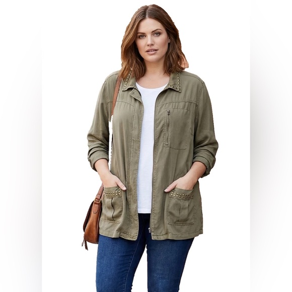 Catherines Jackets & Blazers - Catherines Utility Jacket Womens 2X Olive 100% Lyocell Studded Collar Zip Front